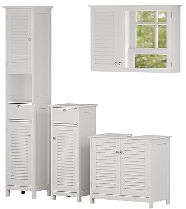 Vicco Badmöbel-Set Weiß Riad, bestehend aus Badspiegelschrank, Waschbeckenunterschrank, Midischrank, Hochschrank - Schlichte Linienführung für Moderne Badezimmer