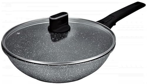 GREBLON poêles Wok façon Pierre avec couvercle de Haute qualités Anti-Adhérente Compatible Tous Feux 100% Induction adapté au Four grâce à sa Manche Amovible Ø 28 cm noir Moucheté