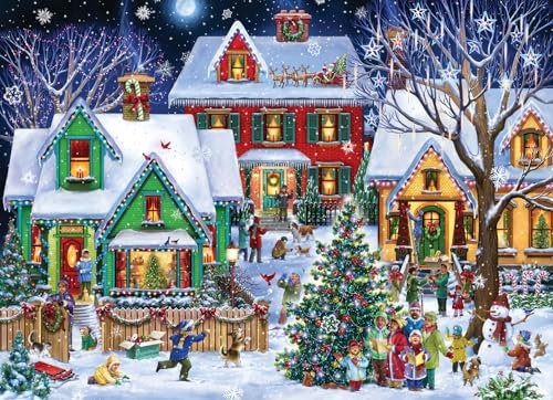 Neighborhood Christmas Jigsaw Puzzle 1000 Piece by Vermont Christmas Company - Fully Interlocking & Randomly Shaped Pieces - 26 5/8 x 19 1/4
