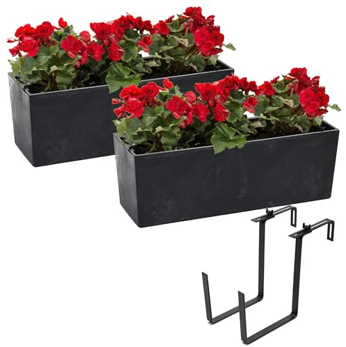 Set 2X Blumenkasten Balkonkaste mit Blumentopfeinsatz Beton Optik Schwarz 56x19 H19,5cm + Halterung Metall Schwarz