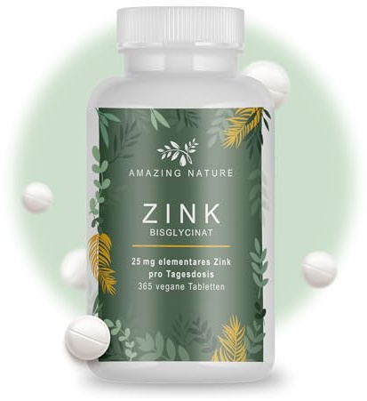 Amazing Nature Zink 25 mg Bisglycinat Chelat 365 Tabletten Vegan | 25 mg Zink als Zinkbisglycinat • 365 Tabletten • Vegan • Zink trägt zur Erhaltung normaler Haut, Haare und Nägel bei.