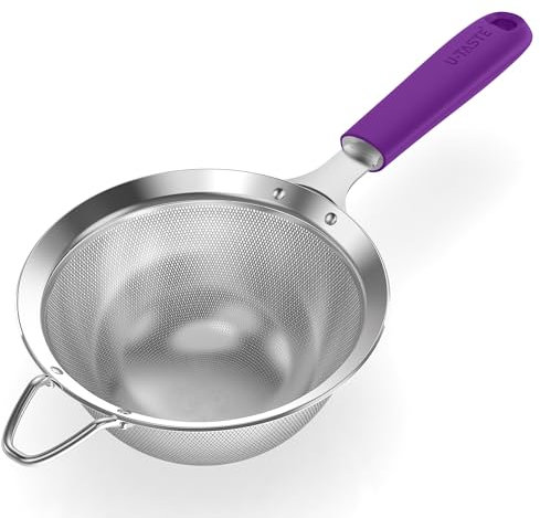 U-Taste Medium Fine Mesh Sieve: 18/8 Stainless Steel 12cm Kitchen Sieve and Strainer with Riveted Sturdy Silicone Handle, Great for Sifting Flour, Straining Tea, Rice, Quinoa (Purple)