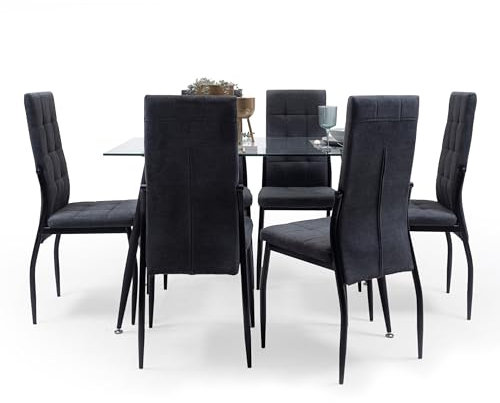 Homely - Conjunto de Comedor ELEOS Cairo | Diseño Moderno | Comedor, Salón, Cocina, Sala | Mesa de Cristal de 120x80 cm | 6 sillas tapizadas | Pata de Metal Color Negro | Color Gris