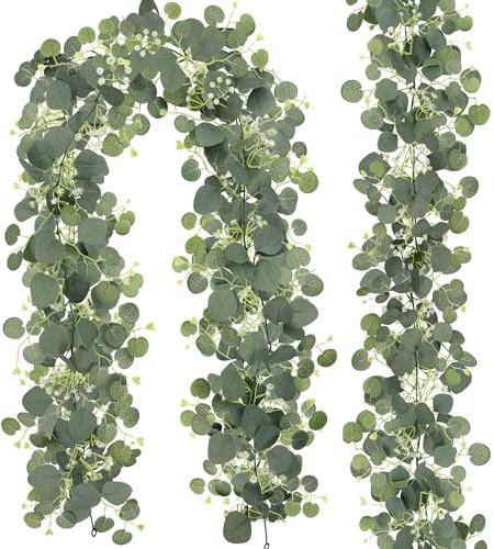 HNVNER 2 Stück Eukalyptus Girlande Künstliche Girlande Pflanze mit Weiße Blume Blätter Girlande Künstliche Hängepflanzen für Hintergrund Hochzeit Tischdekoration