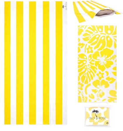 Olly & Rose Luxuriöses Mikrofaser-Strandtuch mit Reißverschlusstasche und aufblasbarem Kissen und wendbarem Muster, 100 x 200 cm, Gelb – 300 g/m², luxuriöses Mikrofaser-Reisehandtuch