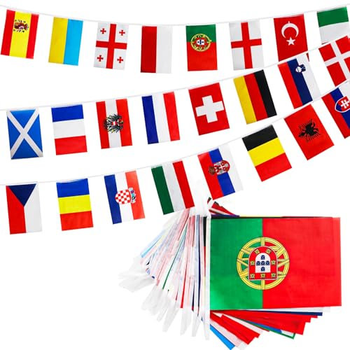Duzzy Euro 2024 Football Championship Bunting Flags, Top 24 Country String Flag Bunting Banner Decorations for European Cup Euro Football Bar Club Garden Party (7.5m)