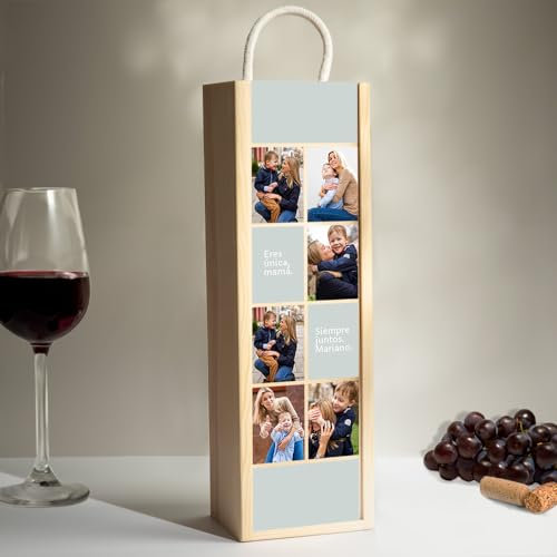 Transparent Gift Caja de Vino Personalizada con Seis Fotos. Regalo para familiares, Amigos y Pareja. Cajas de Madera Personalizadas Botella Vino. Regalos Personalizados para Mujer y Hombre Cumpleaños