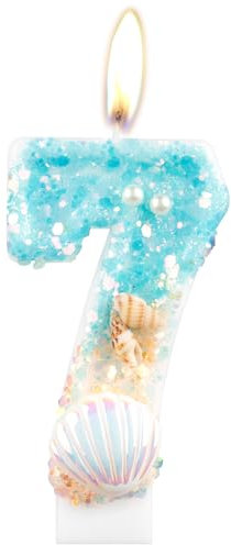 Mermaid Birthday Candles, Shell Sequins Candles for Cake, Girls 7th Birthday Decorations, Blue Ocean Birthday Candles, Conch Number 7 Candles Cake Toppers for Girls Boys Birthday Party Decorations