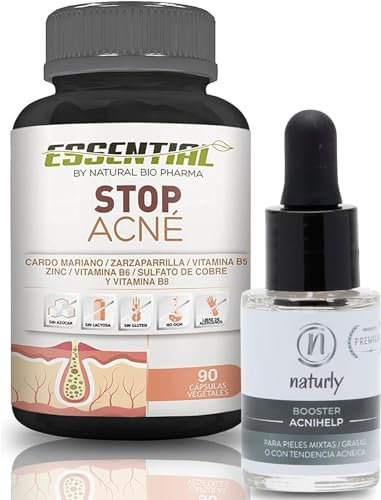 Tratamiento del Acné de Cardo Mariano, Vitaminas + Serum para Puntos Negros Nariz y Quitar los Granos, Acne Espalda. Zinc, Vitamina B6, Zarzaparrilla (AcniHelp + Booster)