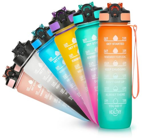 DUNSOO Borraccia 1 Litro con Cannuccia Motivazionale senza BPA Antigoccia - Water Bottle per Studio Fitness, Scuola, Ufficio