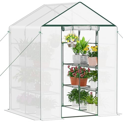 Ribelli Foliengewächshaus, Gewächshaus mit Aufrollbarer Tür, Tomatengewächshaus 143x195x143 cm, 4 Regale Treibhaus, Winterfest PE-Gitterfolie, Gartenhaus für Pflanzen, Gemüse, Blumen, Weiß