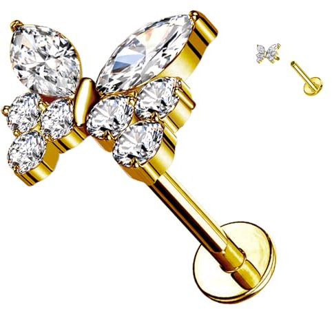 AWAKEN Schmetterlingsförmiges Labret-Piercing aus Titan mit Kristallen und Innengewinde PWC-177 Gold mit Transparent