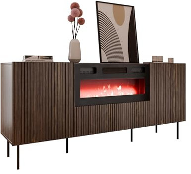 Mirjan24 Kommode Trigev 180 EF mit Elektrischem Kamin, Mehrzweckschrank mit 2 Türen, Realistische LED-Flamme, Anrichte, Highboard, Sideboard, Esszimmer (Nuss Warmia)