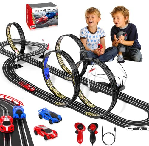 Rennstrecken Elektrische Slot Car Rennbahn Set für Kinder Jungen Alter 6 7 8-12, Batterie Elektrisch Betriebene Rennstrecke für Kinder 6-7, Racing Game 2 Hochgeschwindigkeits-Rennwagen 1:64 Maßstab