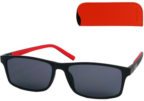 Mini Brille Flex Sonnenbrille mit Sehstärke, Kunststoff Rahmen L Groß Rechteckig mit flexiblen Bügeln Schwarz mit Rotem Akzent, Trend Etui, Lesesonnenbrille Herren und Damen 1.0 Dioptrien