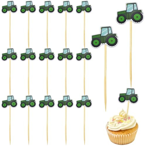 60PCS Farm Green Tractor Cupcake Toppers - Tractor Theme Cake Decorations - Happy Birthday Party Signs for Farm Themed Birthday Supplies