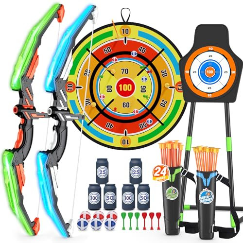 HYES 2 Pack Bow and Arrow Toy with 29 Dart Board, Light Up Archery Set with 24 Suction Cup Arrows, Indoor Outdoor Toys Gifts for 3 4 5 6 7 8 9 10 11 12 Year Old Boys Girls