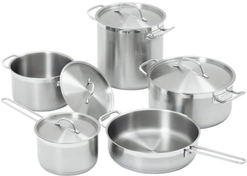 MBH - Juego de 4 Ollas Industriales con Tapa y 1 Sartén de Acero Inoxidable 2L, 2.7L, 2.8L, 5.1L y 6.1L, Aptas para Inducción y todo tipo de cocinas. Ideal para Cocina Profesional y Doméstica.