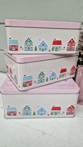 Arinosa Keksdosen Plätzchendosen rechteckig Metall 3er Set Häuschen Rosa Winter