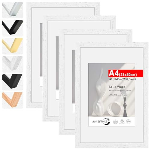 HIMEETIME® 4x cadre photoDIN A4 21x30 cm cadre photo en bois blanc en cadre en bois massif 21x29,7 cm, image avec passe-partout 10x15 cm,Accrochage Facile Pour Montage Décoration Murale A4