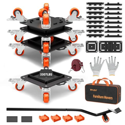 MYUEA Robuster Möbelwagen, 5 Räder mit abnehmbarem Seitenschutz, 1500 kg Kapazität, 360 Grad drehbare Räder und Heckbremse, Orange, Karbonstahl