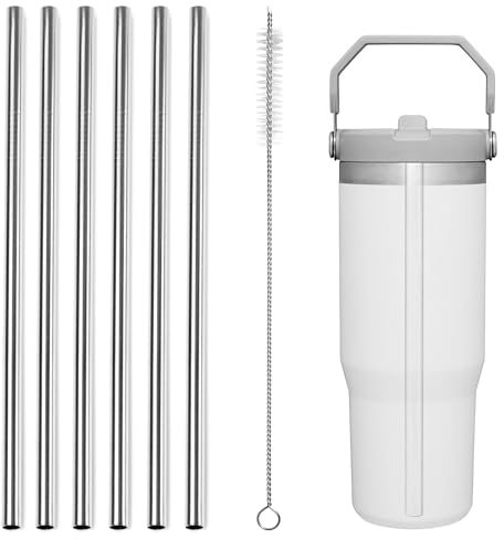 Yuecda Lot de 6 pailles métalliques réutilisables pour gobelet Stanley Iceflow Flip de 887 ml, pailles de rechange en acier inoxydable avec 1 brosse de nettoyage pour paille, accessoires Stanley (pour