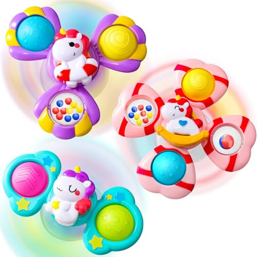Saugnapf Spielzeug Baby - Einhorn Spinner Baby ab 3 Monate Badewannenspielzeug mit Rotierende Glocke Reisespielzeug Sensorik Spinner lindert Angstzustände Taufgeschenk Jouets de bain rotatifs 1-3