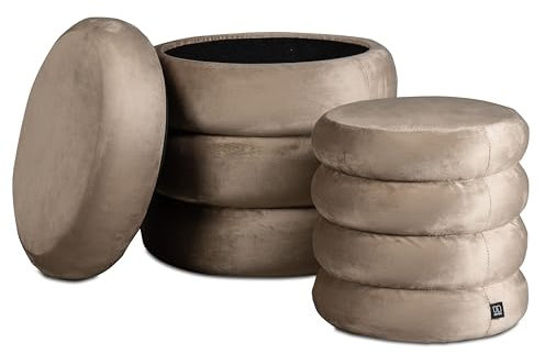 Norbe | Set mit 2 Sitzhockern aus Samt in Zylinderform | Gerippter Hocker | Fußstütze | Taupe | Kindersessel für Schlafzimmer oder Wohnzimmer
