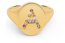 SINGULARU - Anello Personalizzato Signet Letter Colors. Ottone con Finitura Placcata Oro 18Kt. Anello con Motivo Lettera e Zirconi Colorati. Gioielli da Donna. Lettera A - Z