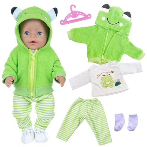 Xerteam 5 Pcs Kleidung für Baby Puppen 36-43 cm, Frosch Puppenkleidung Enthält 1 Grün Kappenjacke 1 Top 1 Streifenförmige Hosen 1 Paar Socken 1 Kleiderständer, Niedliche Tierdrucke Puppensachen