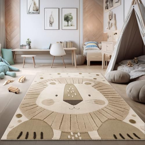 TT Home Kinderzimmer Teppich Spielteppich Hoch-Tief-Effekt Motiv Löwe Weich Naturtöne Minimalistischer Stil Pflegeleicht Modern, Größe:80x150 cm