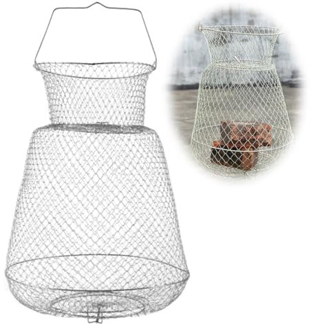 Yuragim Drahtsetzkescher, Faltbares Angeln Fischernetz Metall Angelkorb mit Griff, Runder Tragbarer Köderfischreuse Draht Setzkescher mit Gefederter Deckel, Angelzubehör, Durchmesser: 30cm, Höhe: 40cm