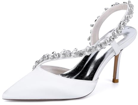 Gycdwjh Mode Chaussure de Mariee Strass a Bout Pointu Satinée Slip-on Sandale Femme Bride Cheville Slingback Stylet Talons