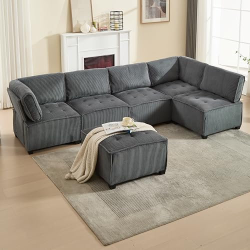 Zubaliya Canapé modulable 6 Places de 308 cm de Long,canapé d'angle,Combinaison Flexible en U/L/canapé-lit,avec Poches de Rangement,Ergonomique,Tissu Velours côtelé (Gris)
