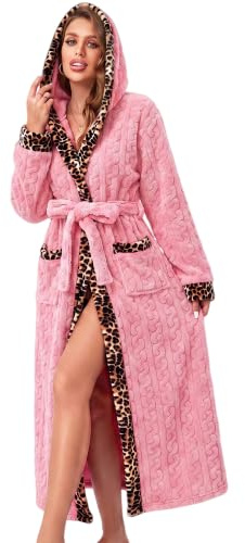 RONGTAI Womens Robe Soft Fuzzy Fleece Long Bathrobe Leopard Print Housecoat with Pockets & Belt S-XXL