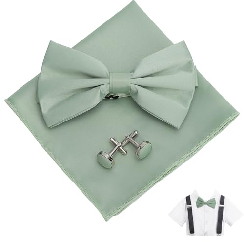 VOSSOT Fliege Herren Grüne Set Elegantes Fliege Einstecktuch Manschettenknöpfe Herren Set, Verstellbare Flieges Anzug, Hochzeit Krawatte Grün Accessoires, Grüne Flieges Anzug Party Geschenk