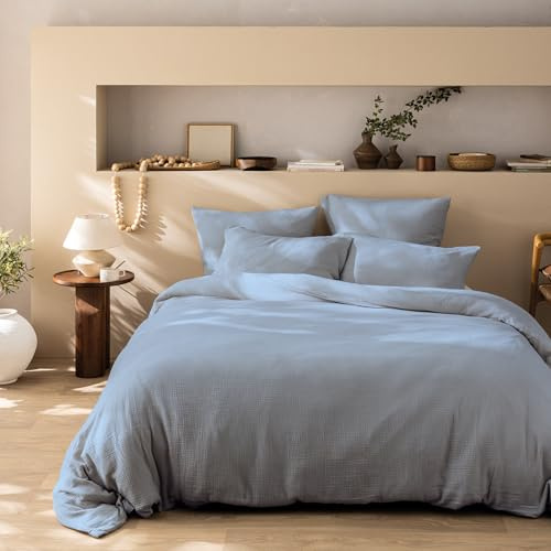 MATT & ROSE Housse de Couette Unie Double Gaze de Coton 200x200cm | 100% Coton de qualité supérieure | Oeko-Tex | Housse de Couette 200x200cm | Bleu Horizon