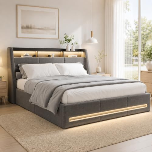 WOBOPCG Polsterbett Doppelbett 160x200,Hydraulisch Stauraumbett Nachttisch Mit Ladefunktion Led Doppelbett Mit Stauraum Funktionsbett Stauraumbett Bett Mit Stauraum (Grau+Leinen, 160x200)