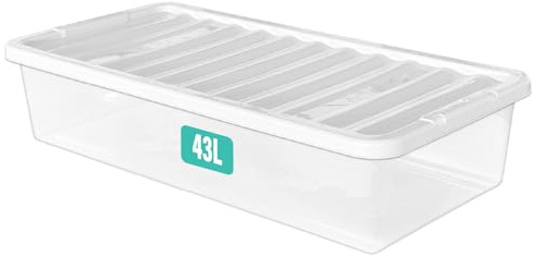 Optimal Products 1 x 43 Litre Underbed Clear Plastic Storage Box With Lids UK BRITISH MADE Home Office Stackable Transparent Plastic Boxes, Size 5,11,24,28,35,45,62 Litre
