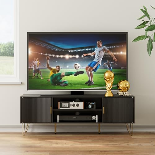 HEYZOEY Wood TV Stand for up to 65 Inch TV, 137cm TV Unit with 2 Cabinets and Open Shelves, Modern TV Console Table for Living Room,53.9 x 15.0 x 18.9 inches