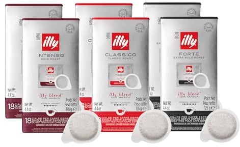 ILLY Selezione di 108 Cialde di caffè | Degustazione di 6 Box da 18 Cialde ESE Monodose, Tostatura Intenso, Forte