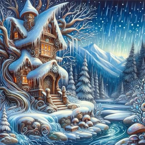 Puzzle 120 Teile Baumhaus am verschneiten Fluss Puzzle für Erwachsene,Kreative Unterhaltung,Spaß,120 Teile Klassisches Puzzles Für Wohnaccessoires und Geschenke