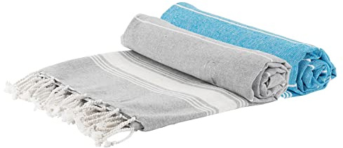 Nicola Spring Turkish Cotton Bath Towels - 170 x 90cm - Grey/Blue - Pack of 2 - Lightweight & Absorbent Large Adults Drying Beach Towel Bathroom Gym Cloth Sauna Hammam Shower Sheet