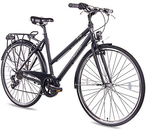 CHRISSON 28 Zoll Citybike Damen - City One schwarz matt 53 cm - Damenfahrrad mit 7 Gang Shimano Tourney Kettenschaltung - praktisches Cityfahrrad für Frauen