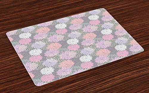 ABAKUHAUS Rosa und Grau Platzmatten, Blossom Bouquet Botanisches Laub Shabby Chic Essence Chrysantheme, Tiscjdeco aus Farbfesten Stoff für das Esszimmer und Küch, Flieder Rosa