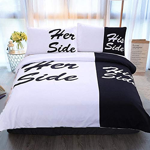 DOORWD Black and White her Side his Side Letters 3D Bettbezug 100% Mikrofaser 200x200cm 3-teilig Bettwäsche-Sets Enthält 2 Kissen 80x80cm Geeignet für Kinder und Erwachsene