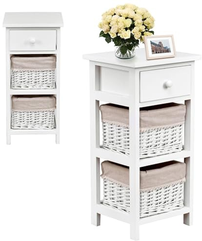 RELAX4LIFE Table de Chevet à 3 Niveaux avec Tiroirs, Table Chevet de lit Simple avec 2 Paniers en Osie& 1 Tiroir en Bois Massif pour Salon/Chambreà Coucher/Bureau, Blanc