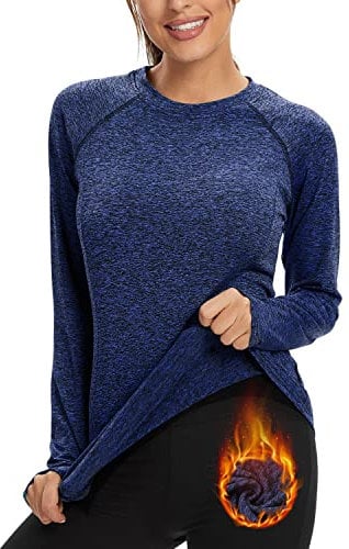 Soneven Sportshirt Damen Langarm Atmungsaktiv Funktionsshirt Damen Langarm Laufshirt Fleece Thermo Laufshirt Langarmshirts Pullover mit Daumenlöche Running Longsleeve Sportoberteile Herbst Blau M
