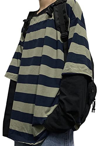 LAVASEON Harajuku Oversized Striped T-Shirt Long Sleeve Crew Neck Casual Matching Couple Streetwear Pullover, Green, M