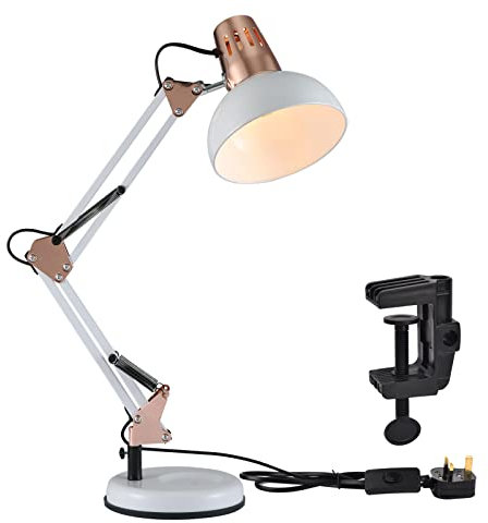 TEKLED® LED Desk Lamp | Adjustable Swing Arm | Replaceable E27 Edison Screw Bulb Holder | Flexible Table Clamp | for Bedside Reading Office Work Students (Swing Arm Gold White)